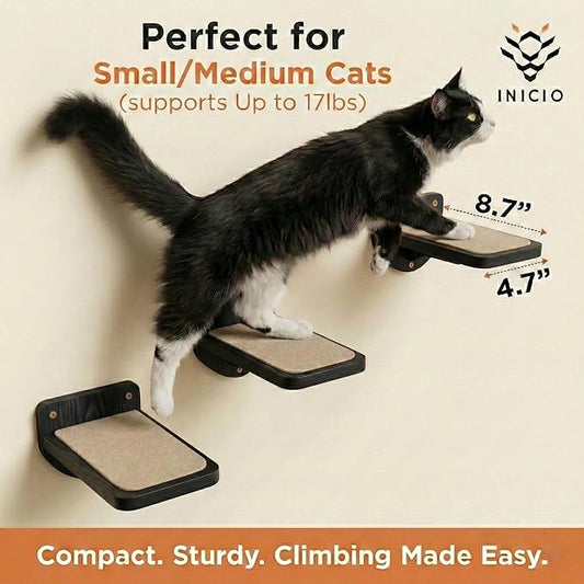 INICIO Cat Wall Steps - Set of 3 Cat Wall Stairs for Cats to Climb with Fixtures, 8.7"x4.7" - Floating Steps for Climbing or Playing - for Kittens and Adult Cats, Black