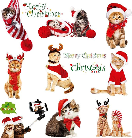 Christmas Window Clings Cat Stickers for Window Glass, 126 PCS 9 Sheets Xmas Decals Decorations Christmas Cat Tree Bells Decals for Holiday Party