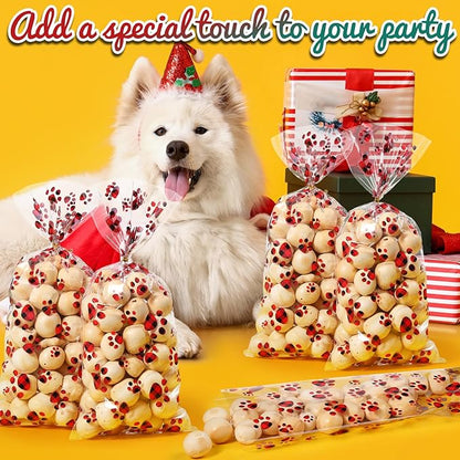 Blulu 100 Pieces Dog Treat Bags Puppy Party Favor Pet Paw Cone Cellophane Bags Candy Heat SealableDog Paw Gift with 100 Pieces Silver Twist Ties for Pet Cat Treat Party Favor(Red and Black)
