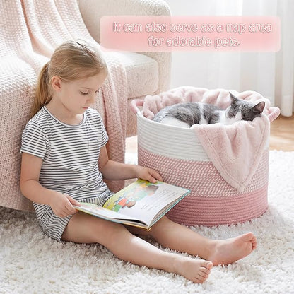 70L Large Cotton Rope Basket, Decorative Woven Blanket Storage for Living Room, Boho Toy Storage & Toy Box for Kids, Versatile Laundry Basket & Nursery Hamper for Blankets(Pink)