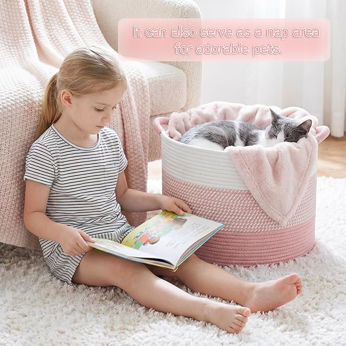 100L Large Cotton Rope Basket, Decorative Woven Blanket Storage for Living Room, Boho Toy Storage & Toy Box for Kids, Versatile Laundry Basket & Nursery Hamper for Blankets(Pink)