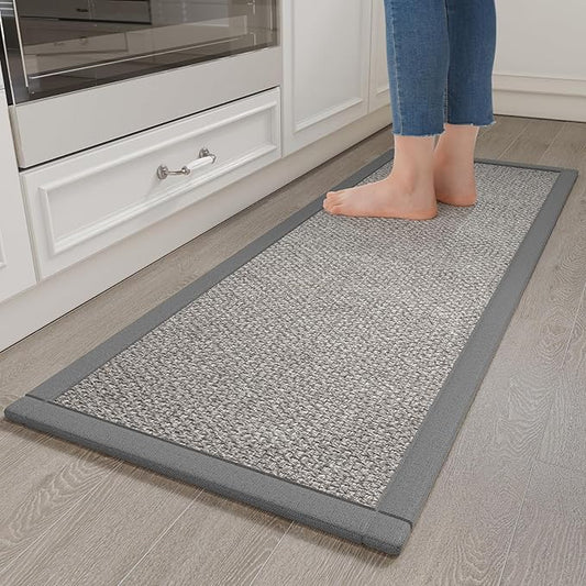 Kitchen Rugs Mat Non Slip Washable, 0.4" Thick Anti Fatigue Cushioned Kitchen Mats for Floor, Absorbent Jute-Look Kitchen Runner Rug Sink Mat Laundry Standing Mats, Easy Clean, Gray 17"x47"