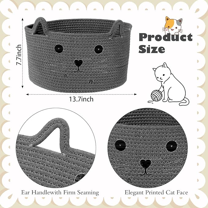 Zopeal Cat Basket Storage Woven Organizer with Ears Easter Decorative Pet Toy Cute Cotton Rope Basket for Gift Cat Dog Toy Bin Nursery Room(13.7 x 7.8 Inch,Dark Grey)