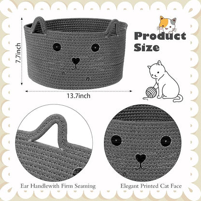 Zopeal Cat Basket Storage Woven Organizer with Ears Easter Decorative Pet Toy Cute Cotton Rope Basket for Gift Cat Dog Toy Bin Nursery Room(13.7 x 7.8 Inch,Dark Grey)