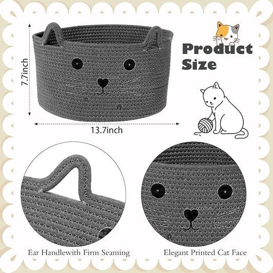 Zopeal Cat Basket Storage Woven Organizer with Ears Easter Decorative Pet Toy Cute Cotton Rope Basket for Gift Cat Dog Toy Bin Nursery Room(13.7 x 7.8 Inch,Dark Grey)