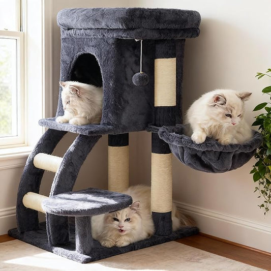 Heybly Cat Tree Tower, Cat condo for Indoor Kittens, Cat House with Wide Plush Top Perch, Ladder, Basket, Sisal-Covered Scratching Posts, Cozy Activity Center for pet, Smoky Gray HCT009SG