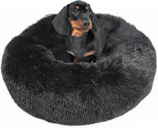 Calming Donut Dogs Beds for Small Dogs Washable,28inch Plush Round Pet Bed for Cozy Sleep,Fluffy Faux Fur Large Cat Bed,Fits up to 30 lbs Pets,Black
