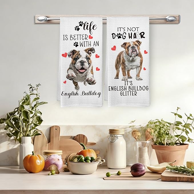 English Bulldog Gifts Kitchen Towels Set of 2, English Bulldog Decor, Dog Funny Hand Towels for Kitchen Bathroom Decor, Gifts for Dog Lovers Owners Women Men Dishcloths Dish Towel 16X24 Inches