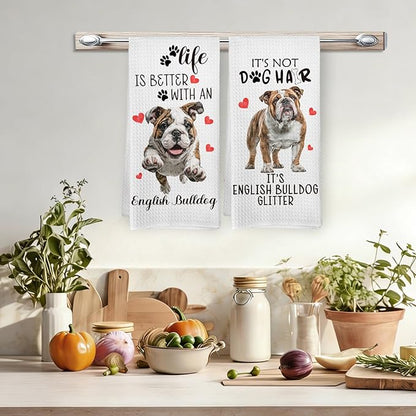 English Bulldog Gifts Kitchen Towels Set of 2, English Bulldog Decor, Dog Funny Hand Towels for Kitchen Bathroom Decor, Gifts for Dog Lovers Owners Women Men Dishcloths Dish Towel 16X24 Inches