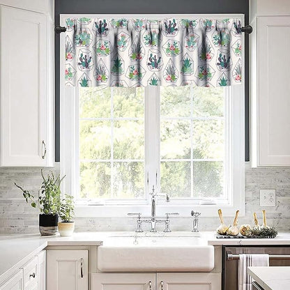 Bohemian Plants Window Valance Curtains, Green Houseplant Succulents Cactuses Boho Tropical Indoor Plant Potted Flower Valance Curtain for Farmhouse Bedroom Living Room Kitchen 54x18inch