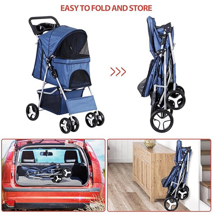4 Wheels Dog Stroller Folding Pet Strolling Cart for Small Medium Cats Puppies Portable Jogger Travel Camping Puppy Carrier with Storage Basket Cup Holder, Navy Blue
