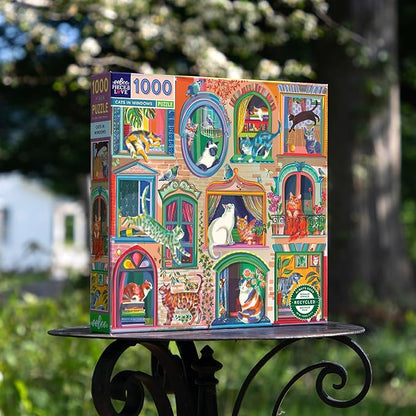 eeBoo 1000 Piece Puzzle - Cats in Window Jigsaw Puzzle for Adults, Square 23" x 23" Made with Recycled Board & Vegetable-Based Ink