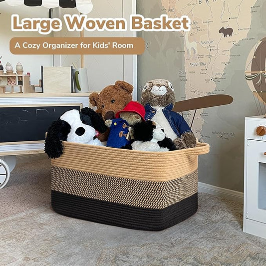 Goodpick Woven Blanket Basket, 21.6" x 14.9" x 11.8" Wicker Laundry Basket for Clothes, Storage Baskets for Organizing, Rectangle Rope Large Baskets for Storage, Black Jute