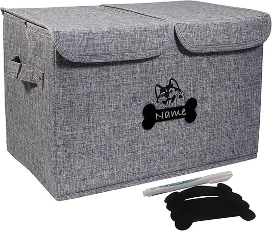 Large Dog Toy Bin-Pet Toys Storage Box-Fabric Storage Bin with Lid-Collapsible Dog Toy Organizer,Dog Toy Basket -Chew Proof Dog Bin-Can be Personalized-Gray
