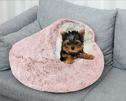 Dog Cave Bed for Small Dogs Cats Pets, Anti Anxiety Calming Plush Dog Beds, Fluffy Covered Hooded Cozy Burrow Puppy Beds, Anti-Slip Bottom Washable Pet Sleeping Bag (20" D, Pink)