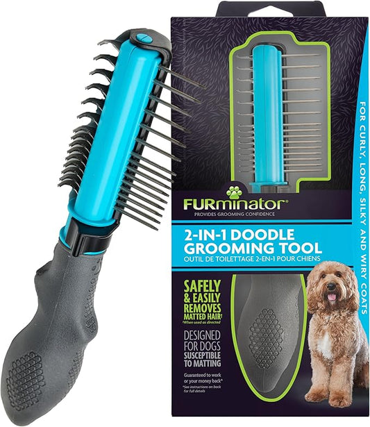 FURminator 2-in-1 Doodle Grooming Tool for Dogs, 1 Count, Dematting Tool with Comb for Mats, Tangles & Maintenance on Curly, Long, Silky & Wiry Coats