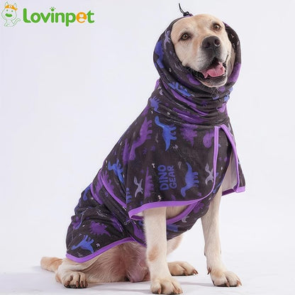 LovinPet 3‑in‑1 Dog Warm Winter Coat & Bathrobe, Hooded Dinosaur Fleece, Lightweight High‑Loft, Absorbent Knit, Quiet Hook‑and‑Loop, Wind‑Blocking Edges, Dog Robes for Medium & Large Dogs, Black,2XL