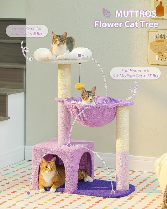 MUTTROS Purple Flower Cat Tree for Small Indoor Cats w/Large Metal Frame Hammock, 35" Cute Cat Tower with Sisal Scratching Posts, Cozy Condo with Cloud White Bed for Kittens