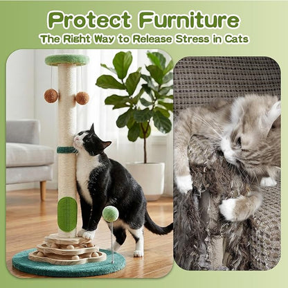 25.6inches Tall Cat Scratching Post, Cute Cat Scratching Post with Interactive Ball Two-Layer Track Spring Ball Toys and Self Groomer for Indoor Cats and Kittens Protect Your Furniture