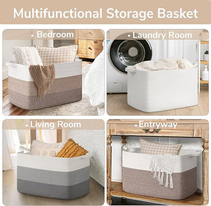 Goodpick 85L Large Woven Basket 23.6" x 15.7" x 13.8" Cotton Rope Storage Organizer for Blankets Dirty Clothes, Rectangle Toy Storage Basket for Nursery Home Decor, Brown