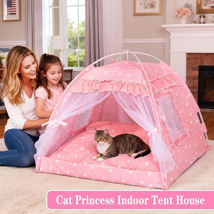 Cat Princess Indoor Tent House - Dog House Indoor/Outdoor Lace Mesh Breathable Windows Door Curtains Removable Portable Cave Nest Bed Bunny and Puppy (Pink, m)