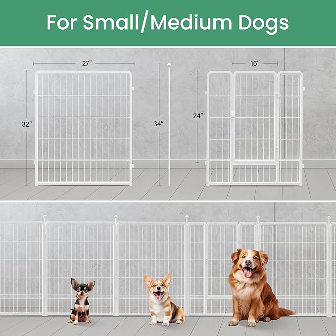 HealSmart Dog Playpen Indoor, Puppy Playpen Indoor Outdoor for Yard, Camping, RV, 32" Height 16 Panels Heavy Duty Dog Pen for Small/Medium Dogs, White