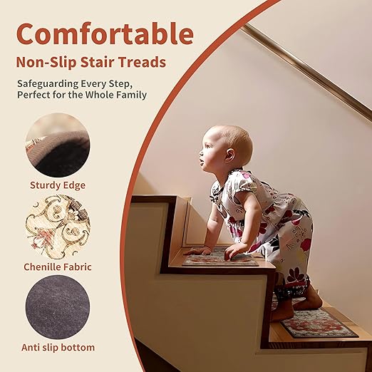 Non-Slip Carpet Stair Treads 4PCS, 8"x30" Peel and Stick Stair Runner for Wooden Steps Indoor, Washable Reusable Adhesive Backing, Pet-Friendly Safety Mats for Kids, Elders, Dogs