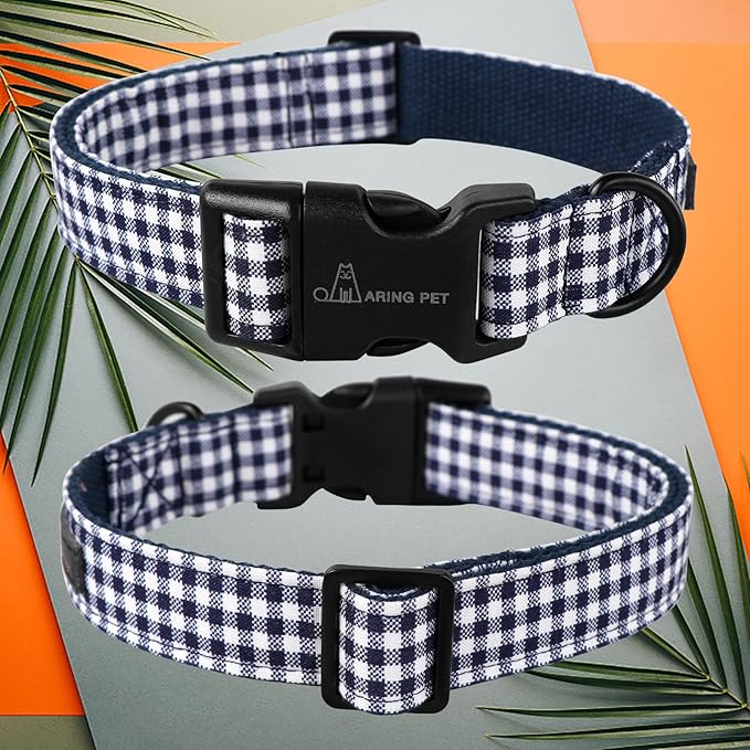 ARING PET Dog Collar, Cute Adjustable Comfortable Cotton Navy White Plaid Pet Collars for Small Medium Large Male Female Boy Girl Dogs-Large