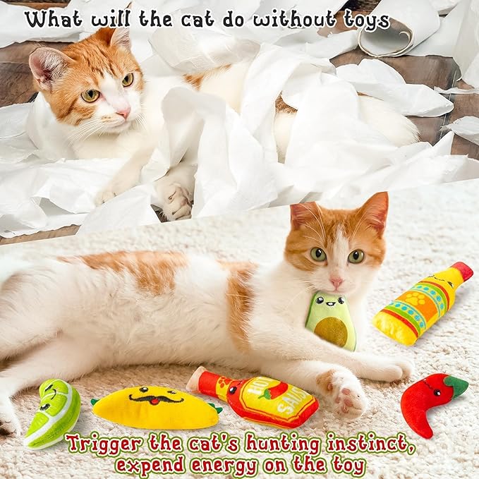 L1rabe Mexican Catnip Stuffed Toys - Summer Gift 6Pcs Cinco de Mayo Carnival Funny Cat Toys for Cat Lovers, Carnival Sause Avocado Indoor Kitten Chew Bite Kick Interactive Pet Supplies Kitten