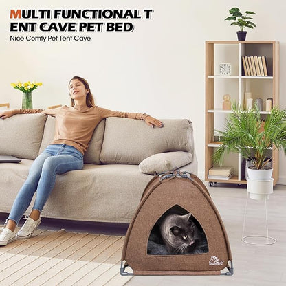 Winsterch Cat Bed Cave for Indoor Cats, Small Pet Tent Cave for Cats, Kittens, and Small Dogs, Warming Cat House with Removable Washable Cushion (18.5'‘ x 18.5’' x 15.8'', Brown)