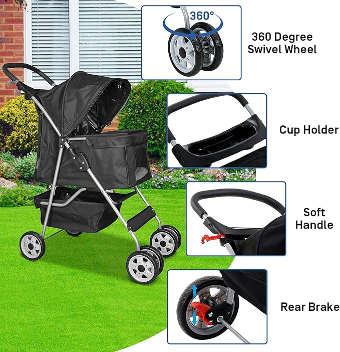 Best 4 Wheels Pet Stroller for Dog & Cat, Lightweight and Foldable Dog Jogger Stroller W/Cup Holders for Small & Medium Pets - Black