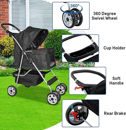 Best 4 Wheels Pet Stroller for Dog & Cat, Lightweight and Foldable Dog Jogger Stroller W/Cup Holders for Small & Medium Pets - Black