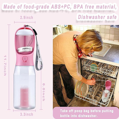 Dog Water Bottle with Food Container & Poop Bag Holder, Travel Water Bowl, Portable Pet Dispenser, Girl Dog Accessories Stuff Items Essentials Gift for Yorkie Chihuahua Walking Hiking