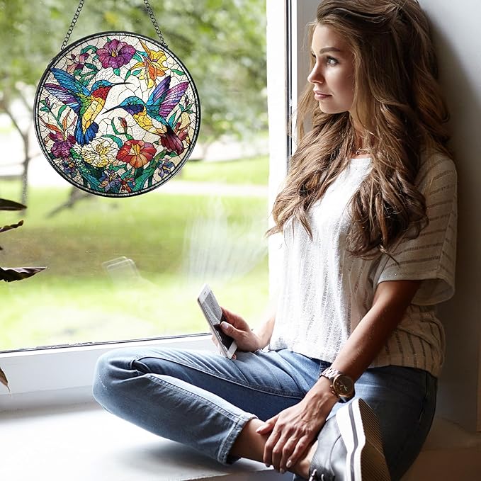 Hummingbird Stained Glass Window Hanging, 7.8″ Sun Catchers with Hook Indoor Window Decor, Decorative Suncatchers Home Garden Art Gift for Bird Lovers Thanksgiving Christmas Housewarming