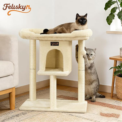 Cat Tree Tower Scratching Post for Indoor Large Cats, Small Cat Tree with Big Perch Bed, 28in Tall Trees House with Condo Cave, Toy Balls, Modern Climbing Furniture Platform for Kitten (Beige)