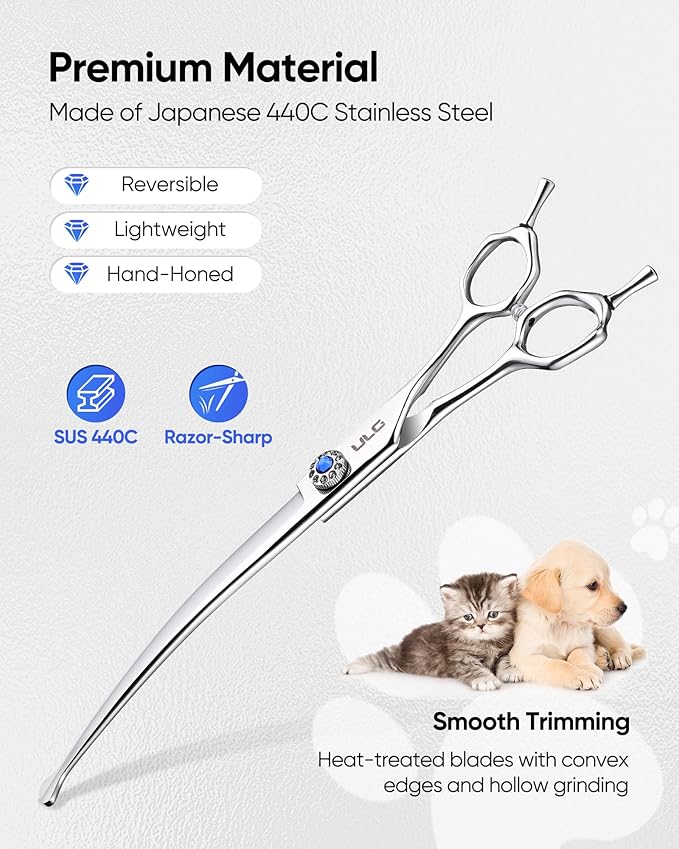 ULG Curved Dog Shears for Grooming, 7 Inch Professional Curved Dog Grooming Scissors for Trimming and Cutting, 440C Stainless Steel Pet Hair Scissors