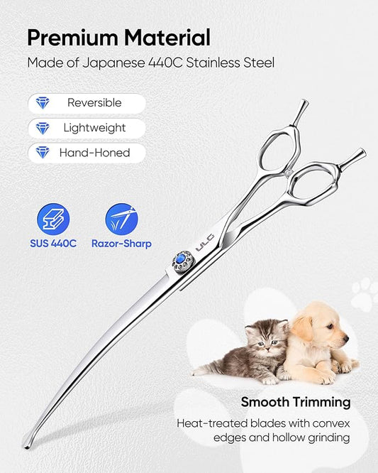 ULG Curved Dog Shears for Grooming, 7 Inch Professional Curved Dog Grooming Scissors for Trimming and Cutting, 440C Stainless Steel Pet Hair Scissors