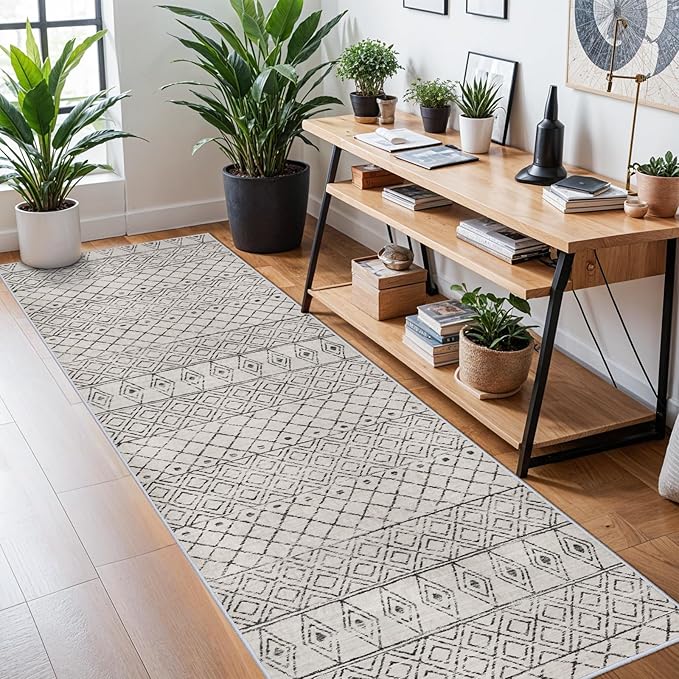 3x10 Runner Rug for Hallway: Washable Rug Runners Low Pile Rug with Rubber Backing Floor Mat Non Slip Moroccan Indoor Carpet for Kitchen Bedroom Entryway 3x10 Geo Grey