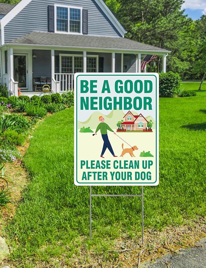 Clean Up After Your Dog Signs, 2 Pack 12.6" x 9.5" with Metal Stake, No Pooping Dog Signs with UV Protected & Waterproof, Double Sided Pick Up After Your Sign for Yard