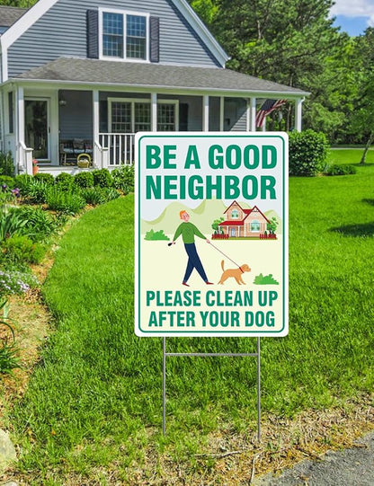Clean Up After Your Dog Signs, 2 Pack 12.6" x 9.5" with Metal Stake, No Pooping Dog Signs with UV Protected & Waterproof, Double Sided Pick Up After Your Sign for Yard