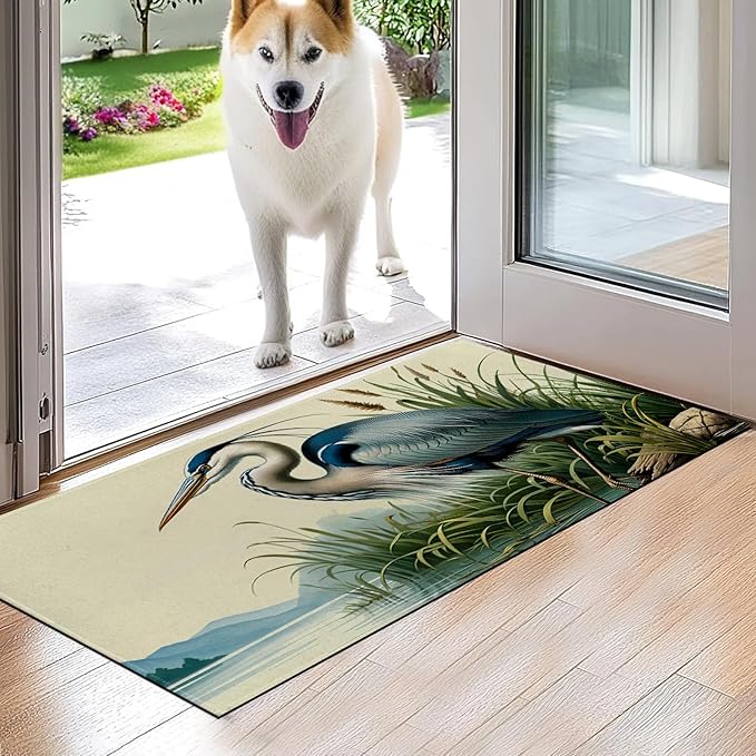 Blue Heron Indoor Door Mat,Bird Nature Floor Doormat,17x29.5in,Non Woven Non Slip Rubber Backing Detailed Wildlife Rug for Porch Insider,Bedroom,Kitchen,Doormats Gifts,Rv Camper Decor