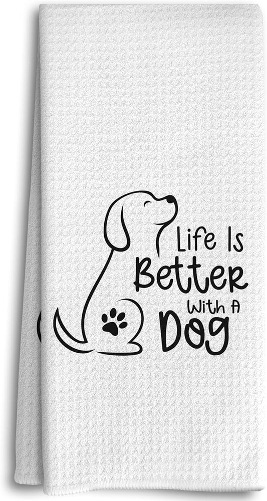 Life Kitchen Dish Towels 16x24 Inches, Funny Dog Decorative Absorbent Hand Tea Bathroom Towels, Dog Lovers Gifts