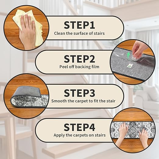 Non-Slip Carpet Stair Treads 4PCS, 8"x30" Peel and Stick Stair Runner for Wooden Steps Indoor, Washable Reusable Adhesive Backing, Pet-Friendly Safety Mats for Kids, Elders, Dogs