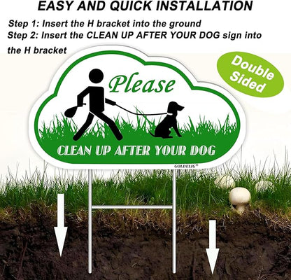 2-Pack Clean Up After Your Dog Signs, 13.8" x 8.3" with Metal Stake, No Dog Poop Lawn Signs with UV Protected & Waterproof, Double Sided Pick Up After Your Dog Sign for Yard