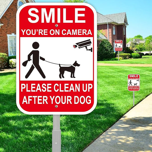 2Pack Clean UP After Your Dog Signs with 28-inch Metal Stake, 12x8 Inches, Smile You're on Camera, No Pooping Signs for Yard Aluminum