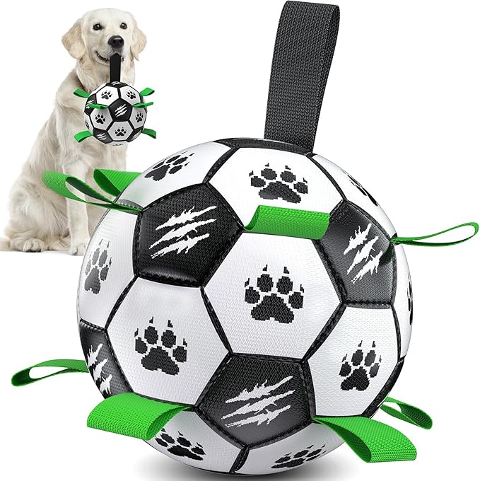 Diman Dog Soccer Ball with Straps, Dog Ball for Outdoor Fun, Birthday Gifts, Dogs Toys Balls for Medium Large Pet, Puppy Toys (Black, 7 Inch)