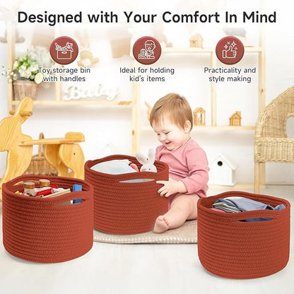 Small Rope Baskets for Storage, Baskets for Gifts Empty, Cute Round Woven Basket, Decorative Shelf Baskets 9.82×9.82×7.1", Cotton Toy Basket Storage Bins for Organizer 3 Packs-Brick Red