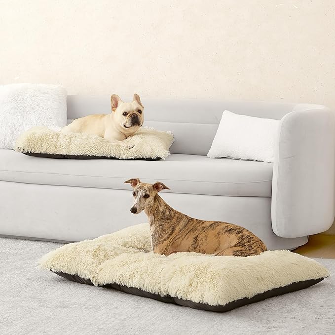 EHEYCIGA Fluffy Dog Crate Bed for Extra Large Dogs, Plush Faux Fur Crate Pad, Calming Anti Anxiety XL Dog Bed, Washable Soft Warm Mat with Non-Slip Bottom, Ivory Beige