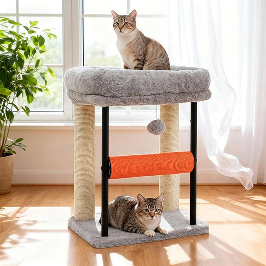Hey-brother Cat Tree, Cat Scratching Posts with Bed, Sturdy Tower with Fully Sisal-Wrapped Columns and Plush Toy Ball for Indoor Kittens, 18.9 inches, Light Gray MPJ010SW