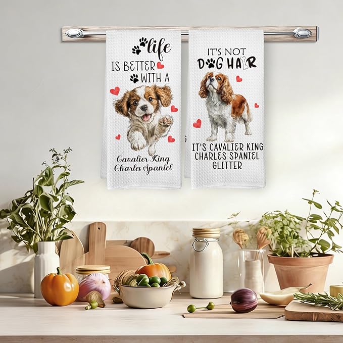 Cavalier King Charles Spaniel Gifts Kitchen Towels Set of 2, Funny Dog Hand Towels for Kitchen Bathroom Decor, Gifts for Dog Lovers Owners Moms Women Dishcloths Dish Towel 16X24 Inches
